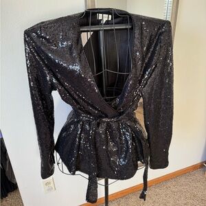 Glamorous Black Sequin Wrap Blouse